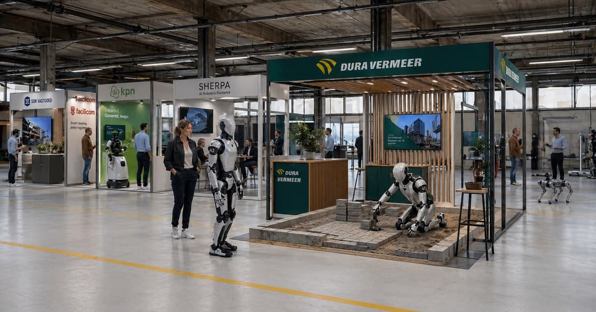 Branded Studios on the HAC floor with partner booths, including Dura Vermeer, and a humanoid laying paving