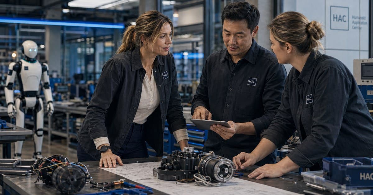 Three HAC engineers conferring at a workbench with robot components
