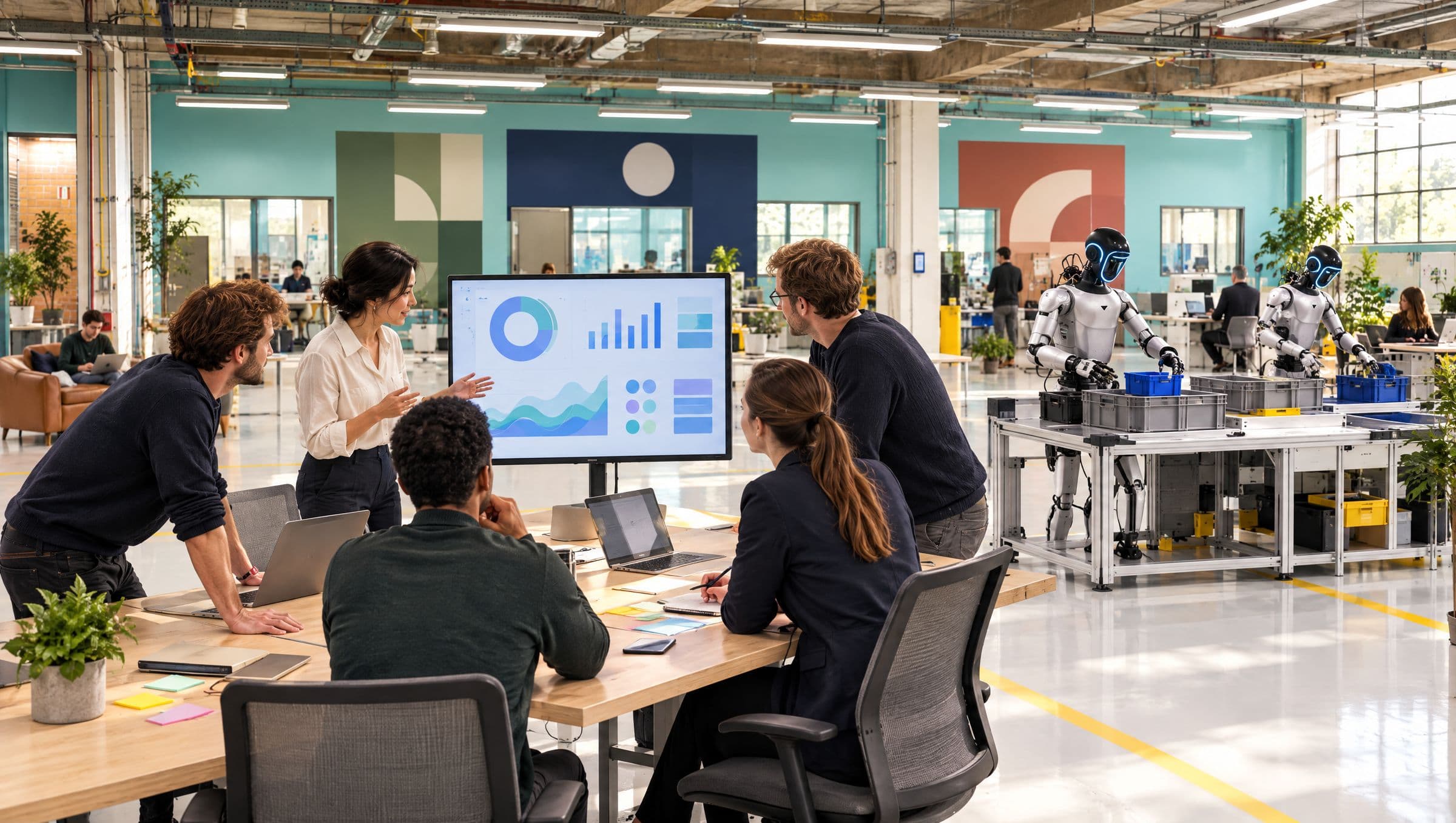 Impression of a partner team in discussion in a studio on the HAC shop floor, with two humanoids doing a picking task behind them
