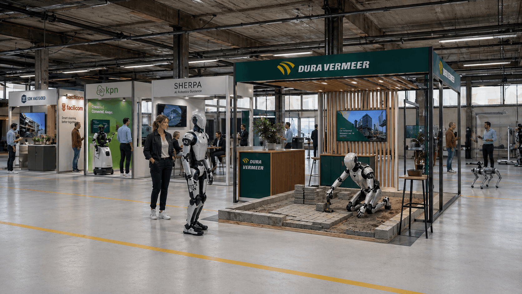 HAC hall with partner studios from Dura Vermeer, KPN, Sherpa and Medicom; humanoid robots in action