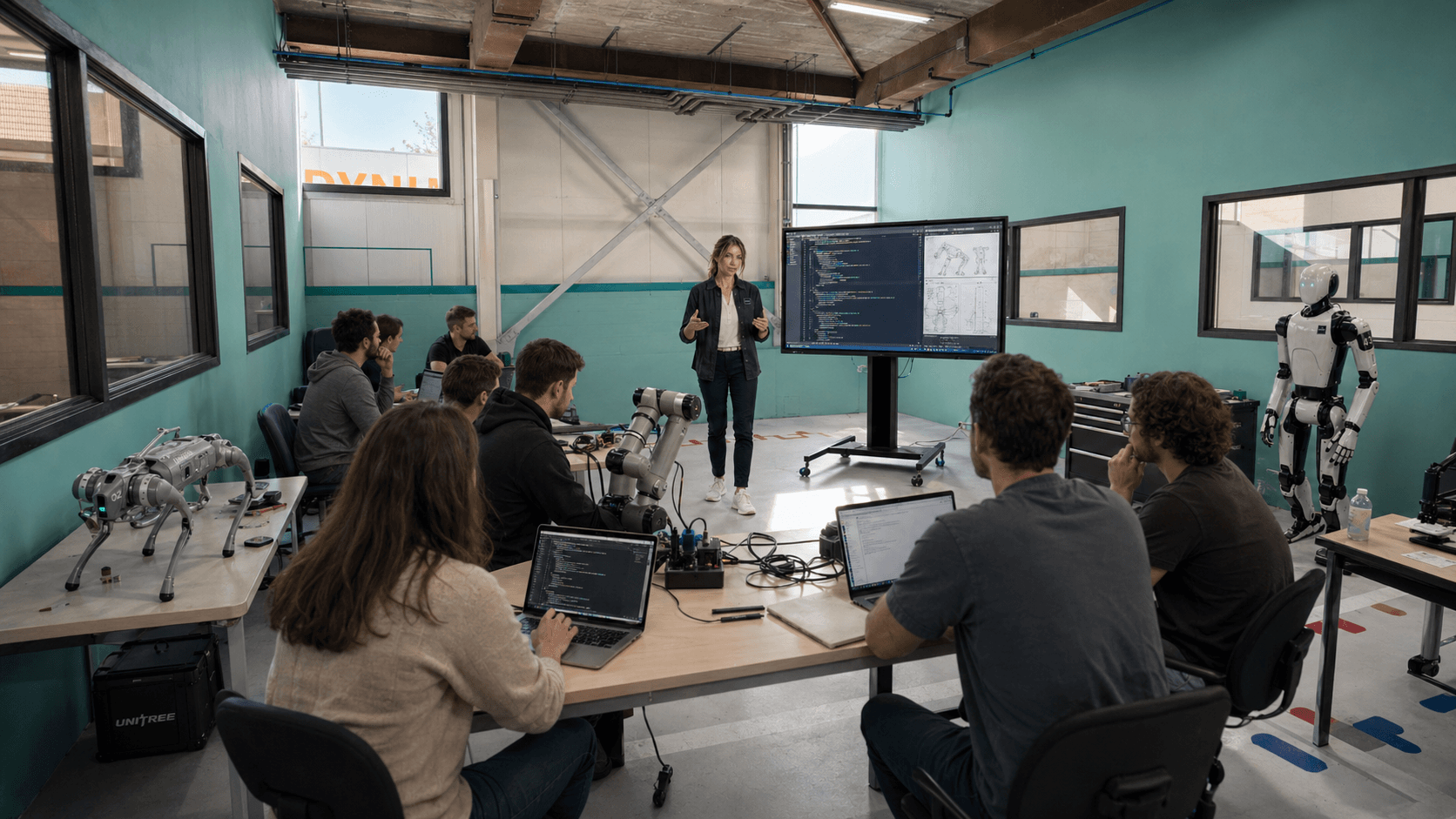 Cohort with laptops, instructor at a large screen, a quadruped and humanoid on the shop floor