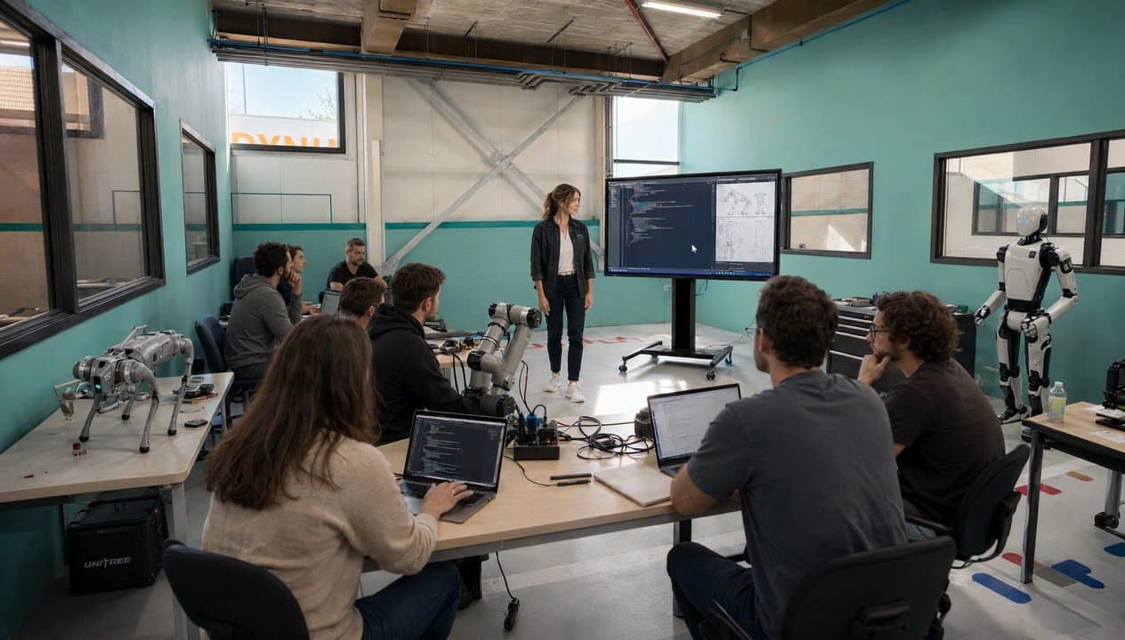 Impression of a training: a group at laptops listens to a trainer, with humanoids and a robot dog in the room
