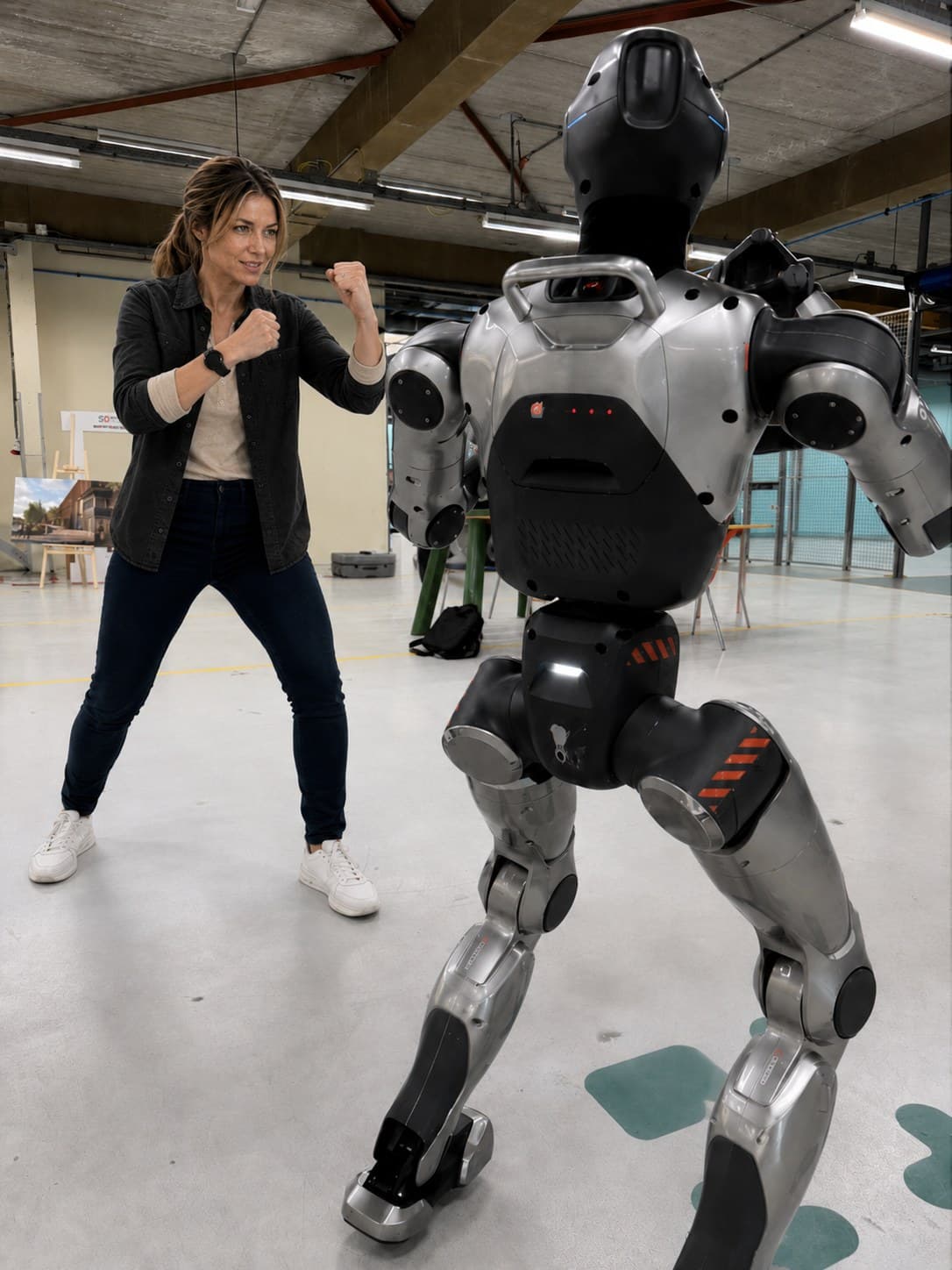Sanne interacting with a humanoid on the HAC shop floor