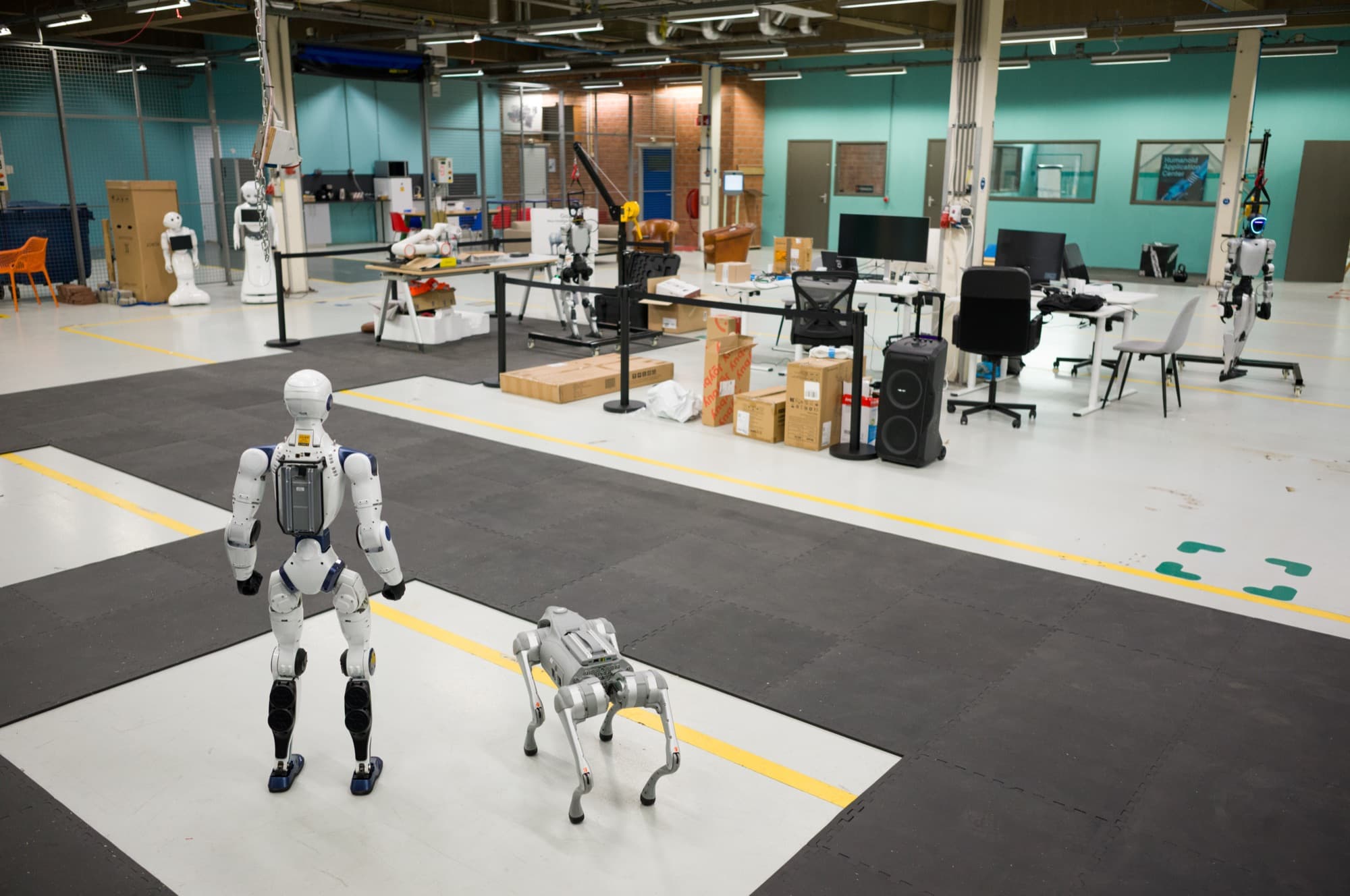 Humanoid and robot dog on fall mats in a fenced test zone on the HAC shop floor
