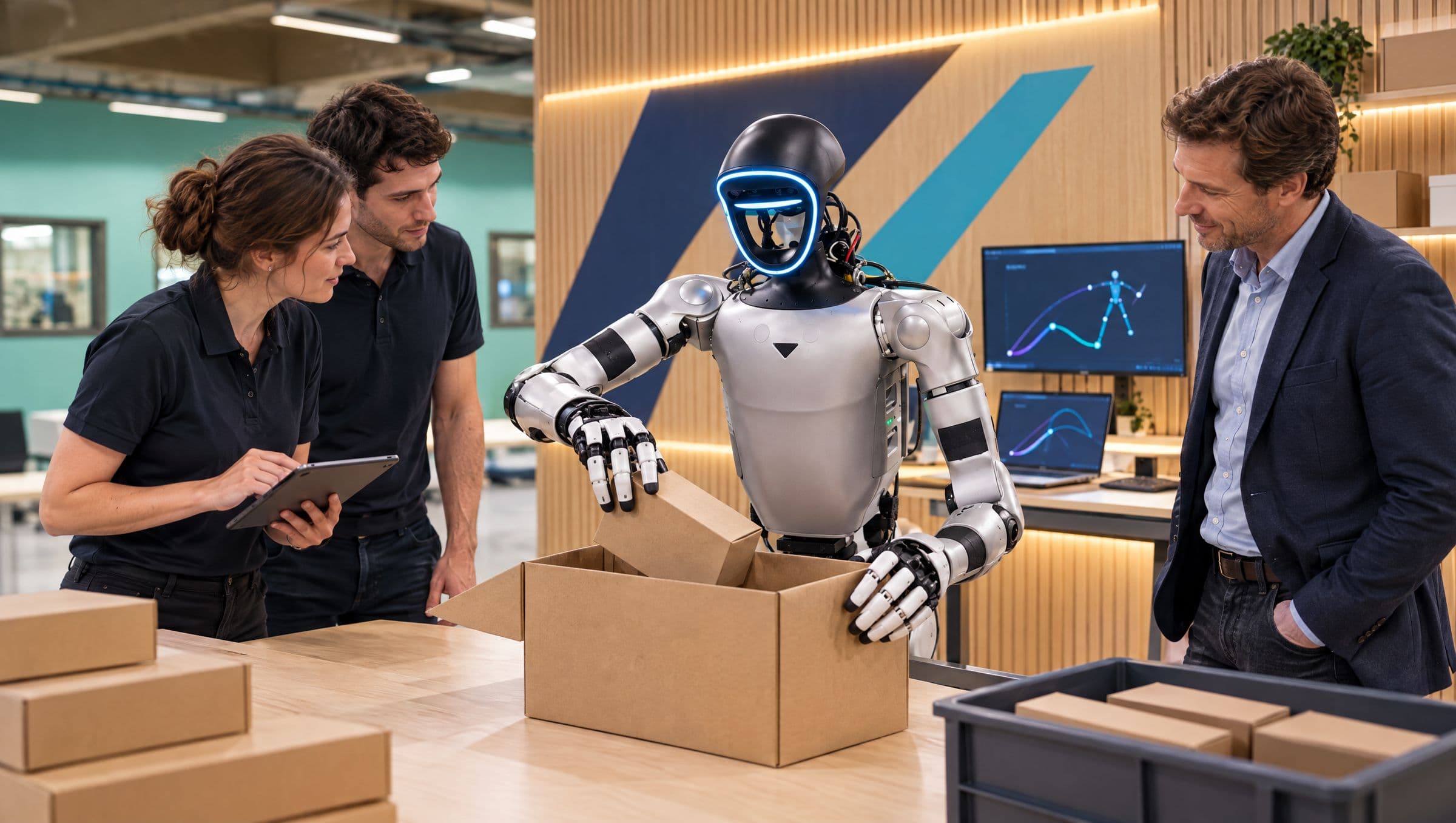 Impressie van een branded studio: een humanoid pakt een product in, twee engineers en een bezoeker kijken mee
