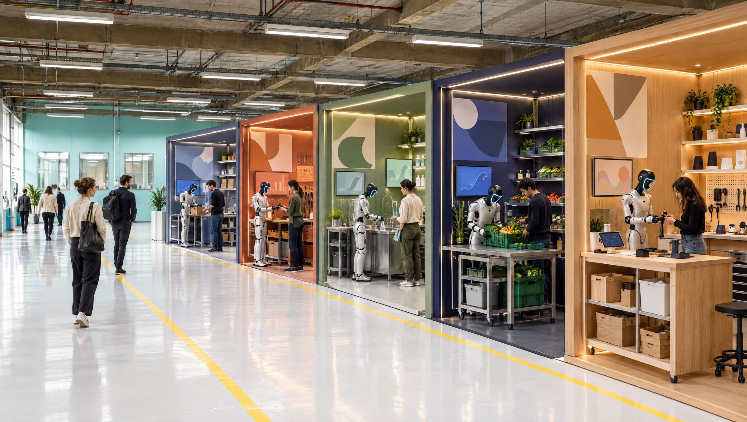 Impressie van een rij branded studio's op de HAC-werkvloer, elk in een eigen kleur, met humanoids en mensen aan het werk