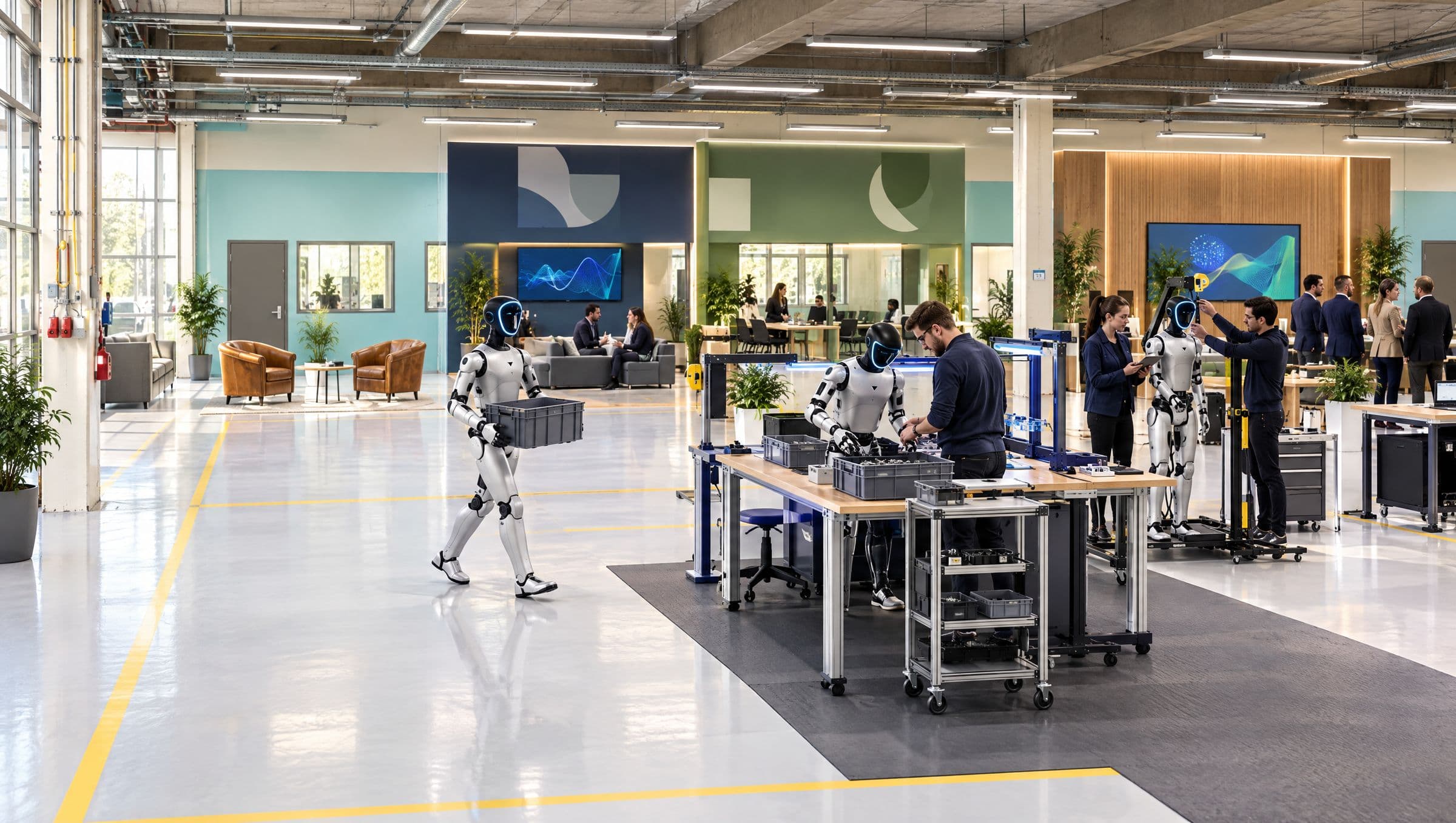 Impression of the renewed HAC shop floor: humanoids and engineers at work between the studios